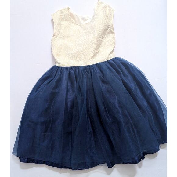 Dorissa Ivory & Navy Blue Gold Shimmer Rosette Dress Tulle Skirt | Girls Size 7 - Picture 4 of 9